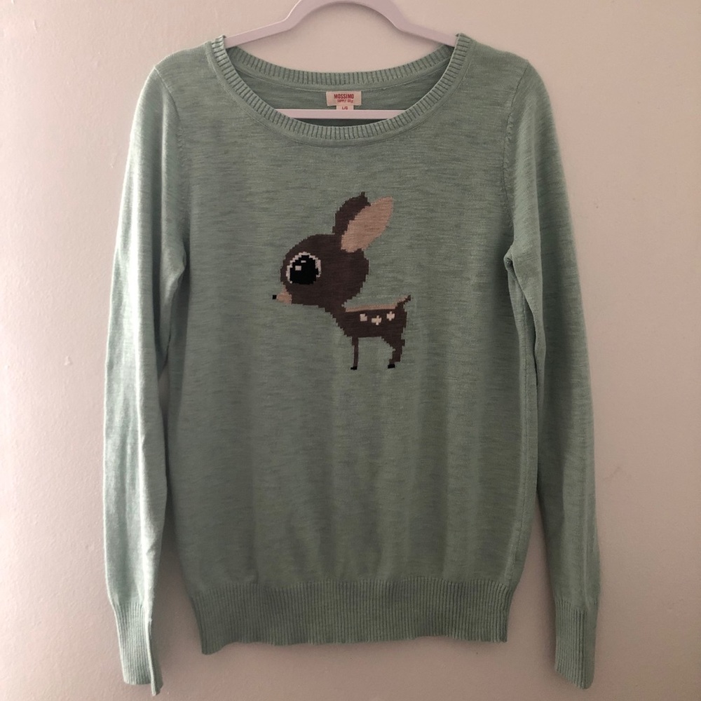 Mint Green Deer Intarsia Crewneck Sweater - Women